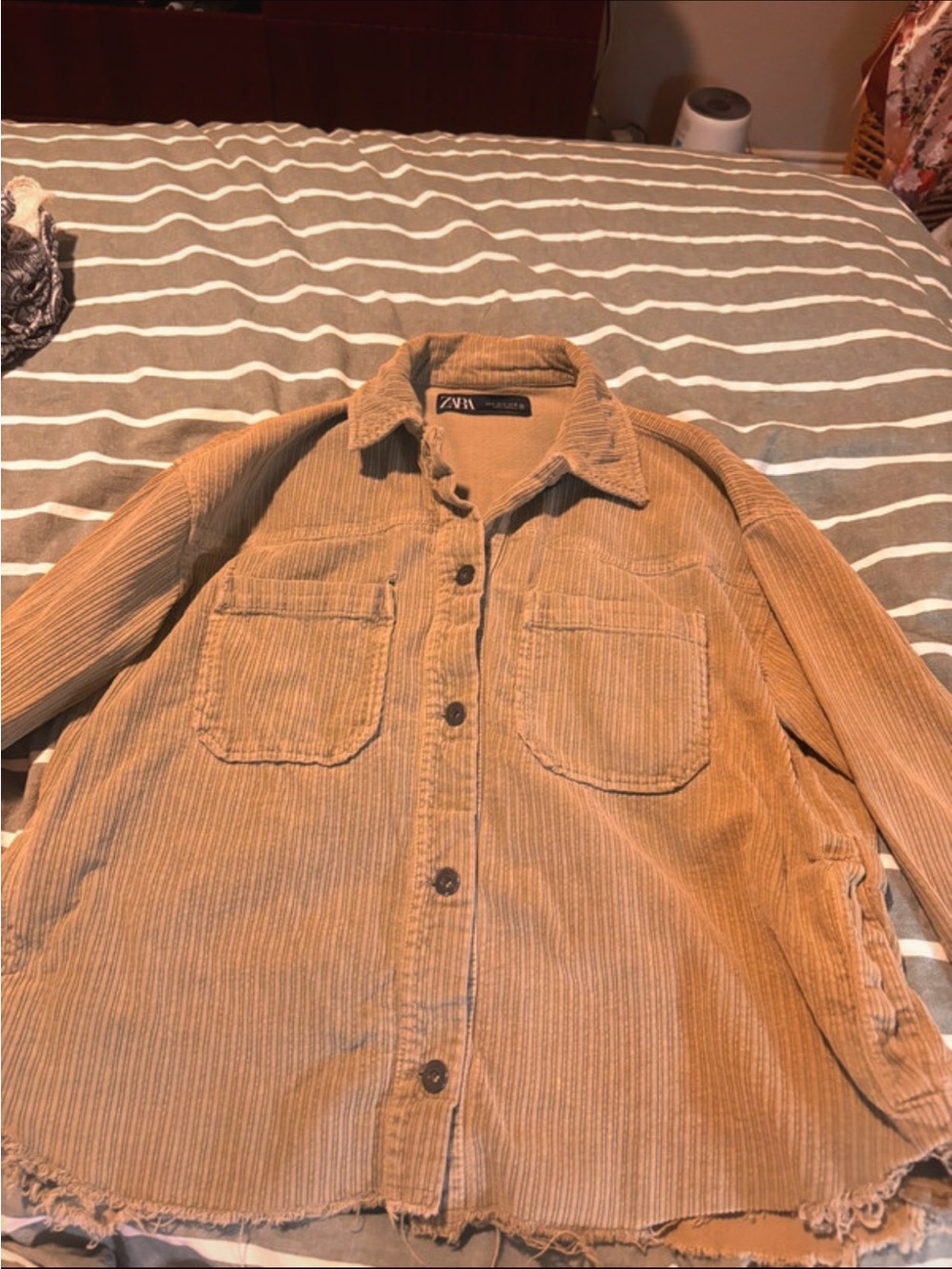 Zara Corduroy Button-Front Shirt Jacket in Tan